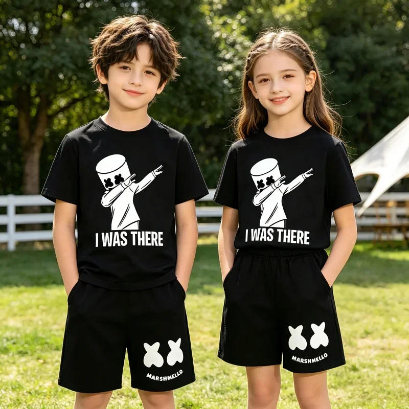 

2026 New Kids Summer 2Pcs Sportsuits 2-13Y Boys Girls Casual DJ Marsh Print O-neck Breathable T-shirt+Shorts Children Sportswear