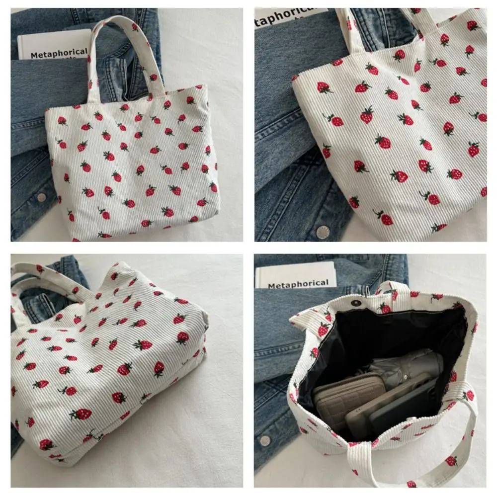 Strawberry Print Women Shoulder Bag New Corduroy Large capacity Shopping Bag Solid Color Handbag Tote Bag