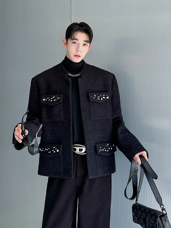 

Beaded Design ort Woolen Jaet Men's Loose Fit Casual Sle Spring Autumn Winter Faion Youth ular Outerwear