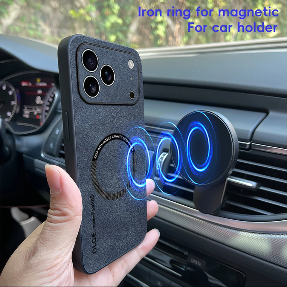 Funda de cuero con Magsafe a prueba de golpes para iPhone 17 16 15 14 13 12 11 Pro Max 16e Plus Air Carga inalámbrica magnética 3
