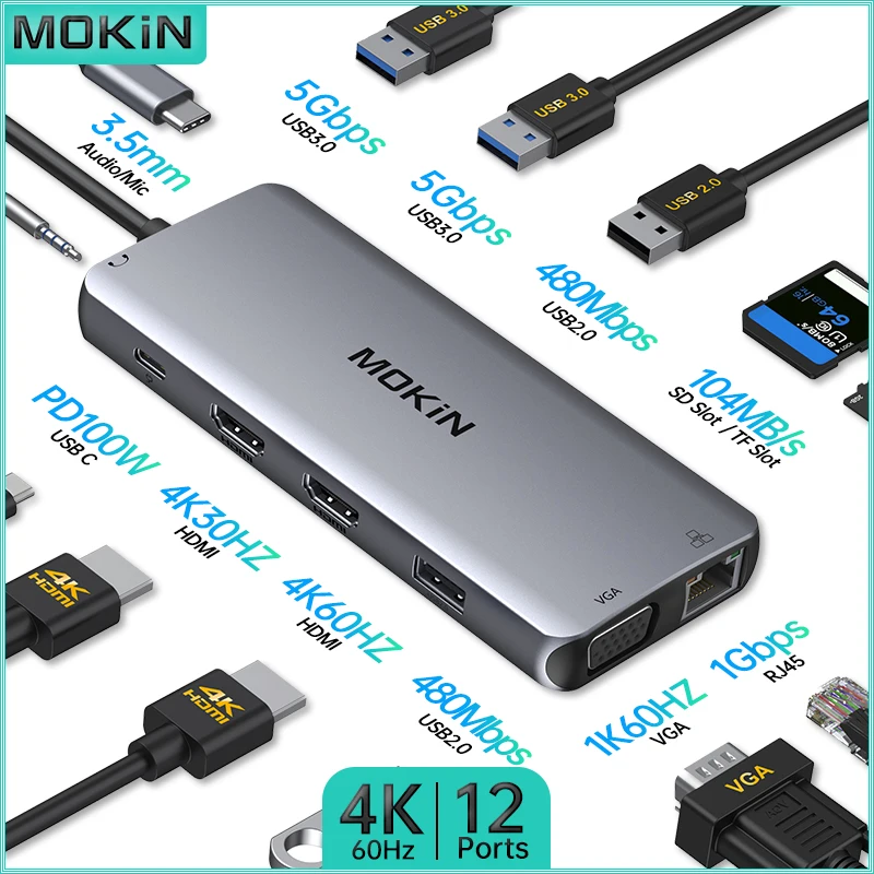 

Док-станция MOKiN 12 в 1 для MacBook Air/Pro, iPad, ноутбука Thunderbolt — USB2.0, USB3.0, HDMI 4K60 Гц, PD 100 Вт, RJ45 1 Гбит/с