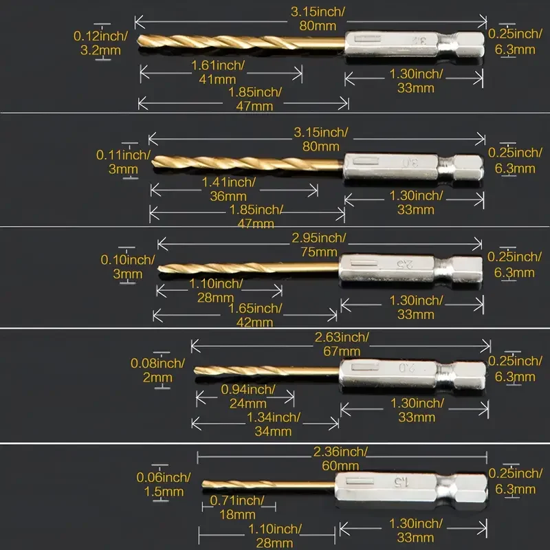 16pcs HSS Drill Bit Set High Speed Steel Titanium Coated Drill Bit 1/4 Hex Shank 1.5-6.5mm Hexagonal Handle Twist Drill Tools