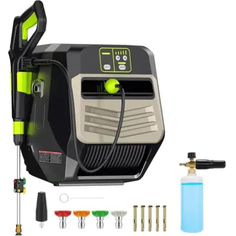 Wall Mounted Pressure Cleaner for Car/Driveway 5000 PSI, 5-Lever Control, 100ft Retractable Hose, Black ABS Plastic with Rust-R