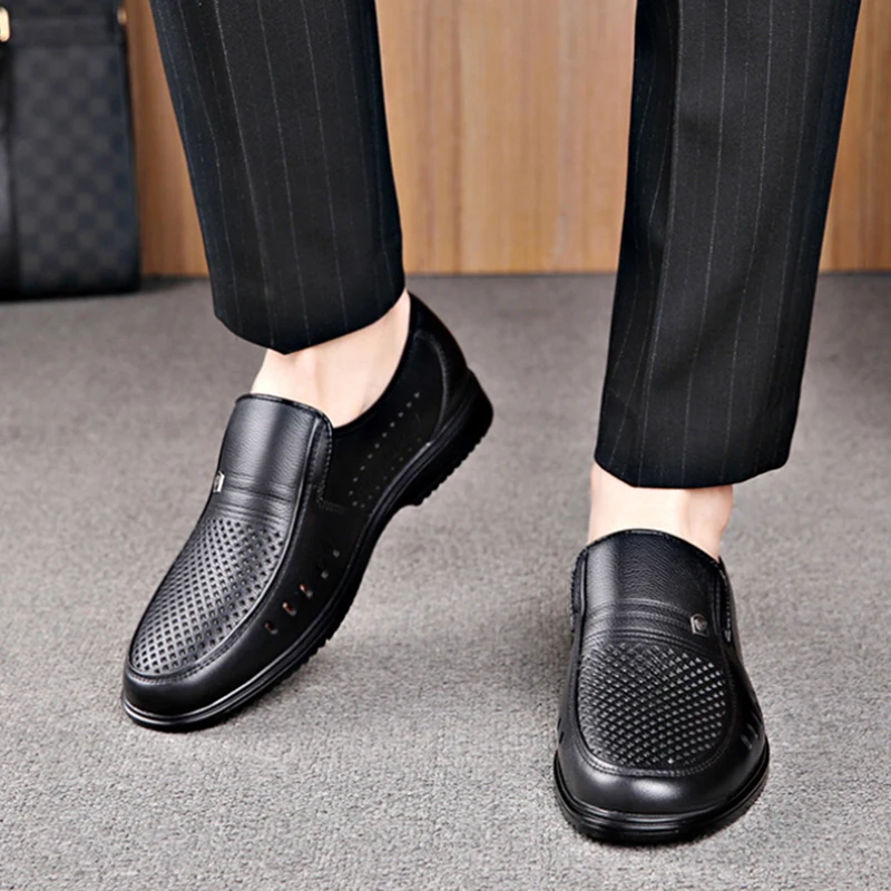 

Mens Black Genuine Leather Perforated Slip On Loafers Breathable Soft Sole Comfortable Casual Shoes For Middle Aged Dad Simple