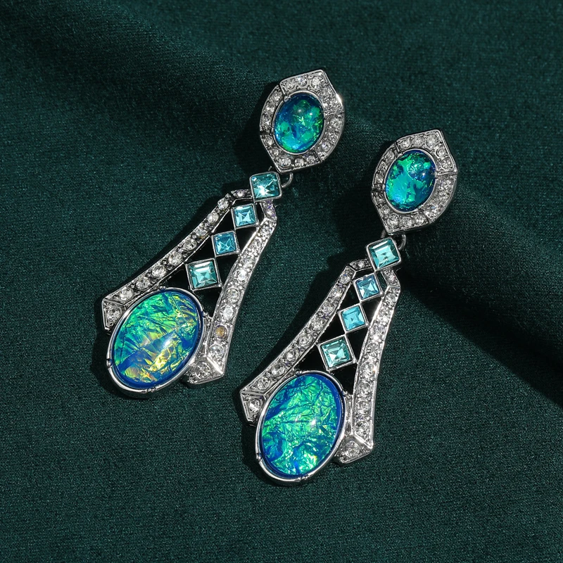 

Oval Drop Earring Long Blue Pendant Opal Jewelry 2026 Vintage Silver Color Rhinestone Charm For Women Bride Decoration New