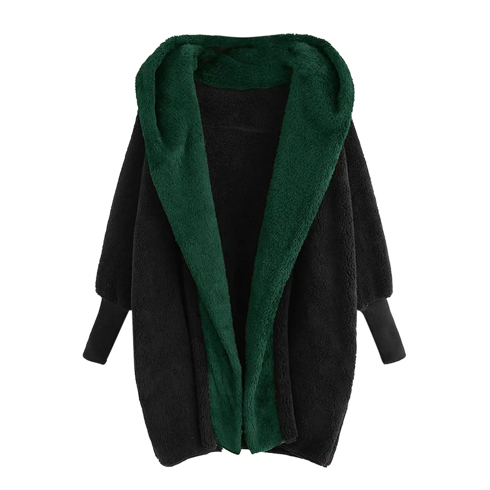 Women's Winter Thicken Warm Fleece Coats Loose Plush Zipper Hooded Jacket Long Sleeves Patchwork Colour Female Parker Overcoat