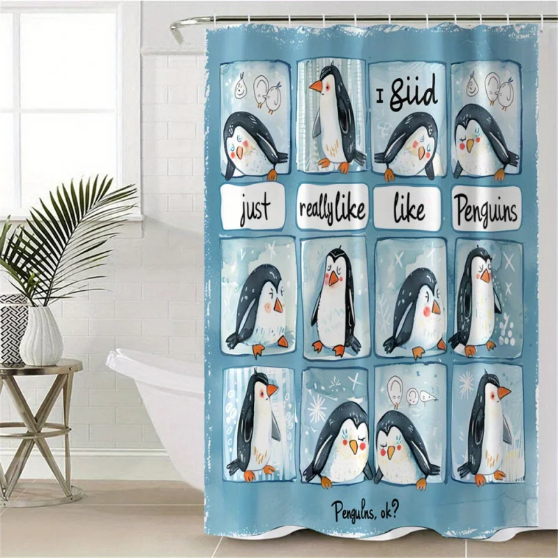 4pcs Penguin Pattern Set, Shower Curtain With 12 Hooks, Non-Slip Bath , U-Shaped , Toilet Mat, Bathr