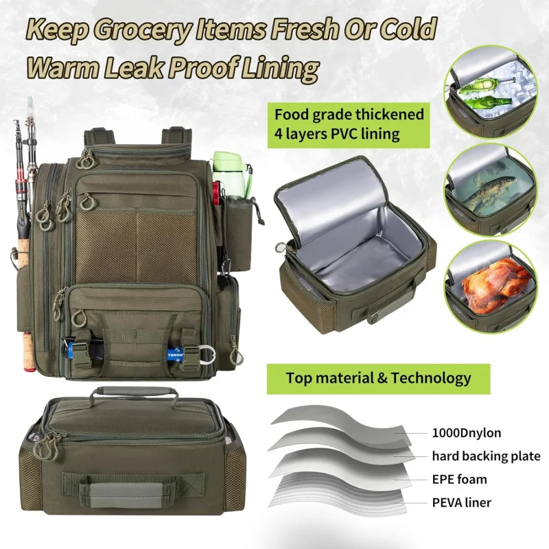 Large Fishing Backpack with Cooler for 3 Tackle boxes Fishing Bag with Rod Holders Fishing Gear and Equipment for fishing hiking