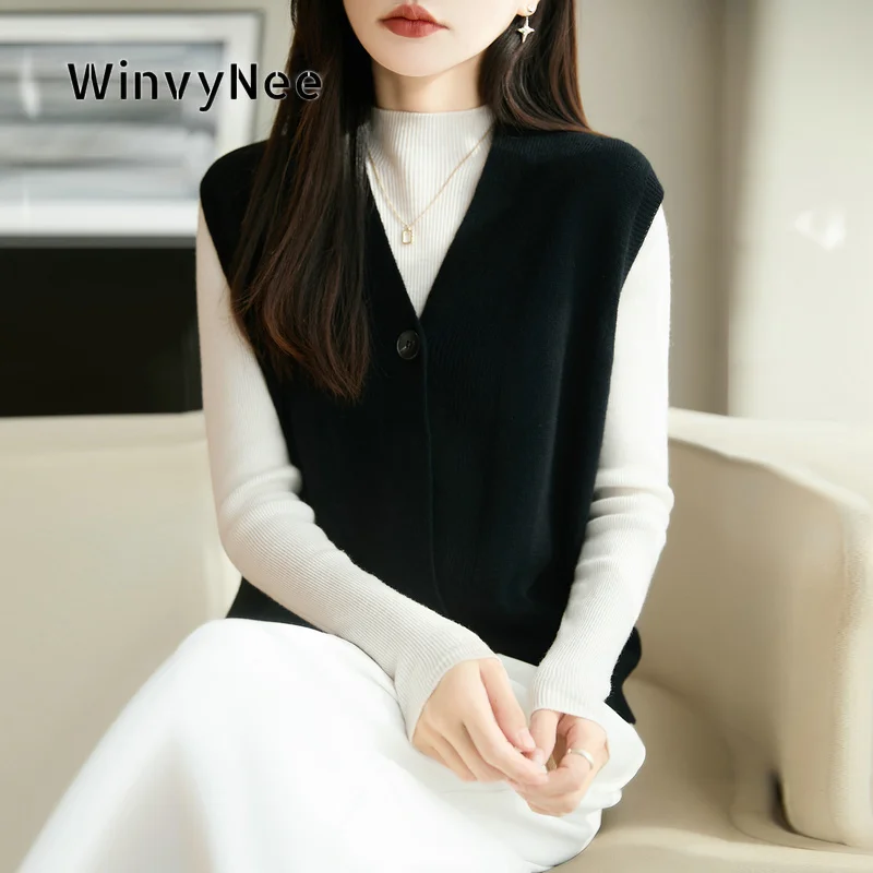 WinvyNee Women Solid Pure Wool Vest Cool Zip Up Cardigan Waistcoat V-Neck Slim All Match Daily Office Apparel Outfit ZC1223014