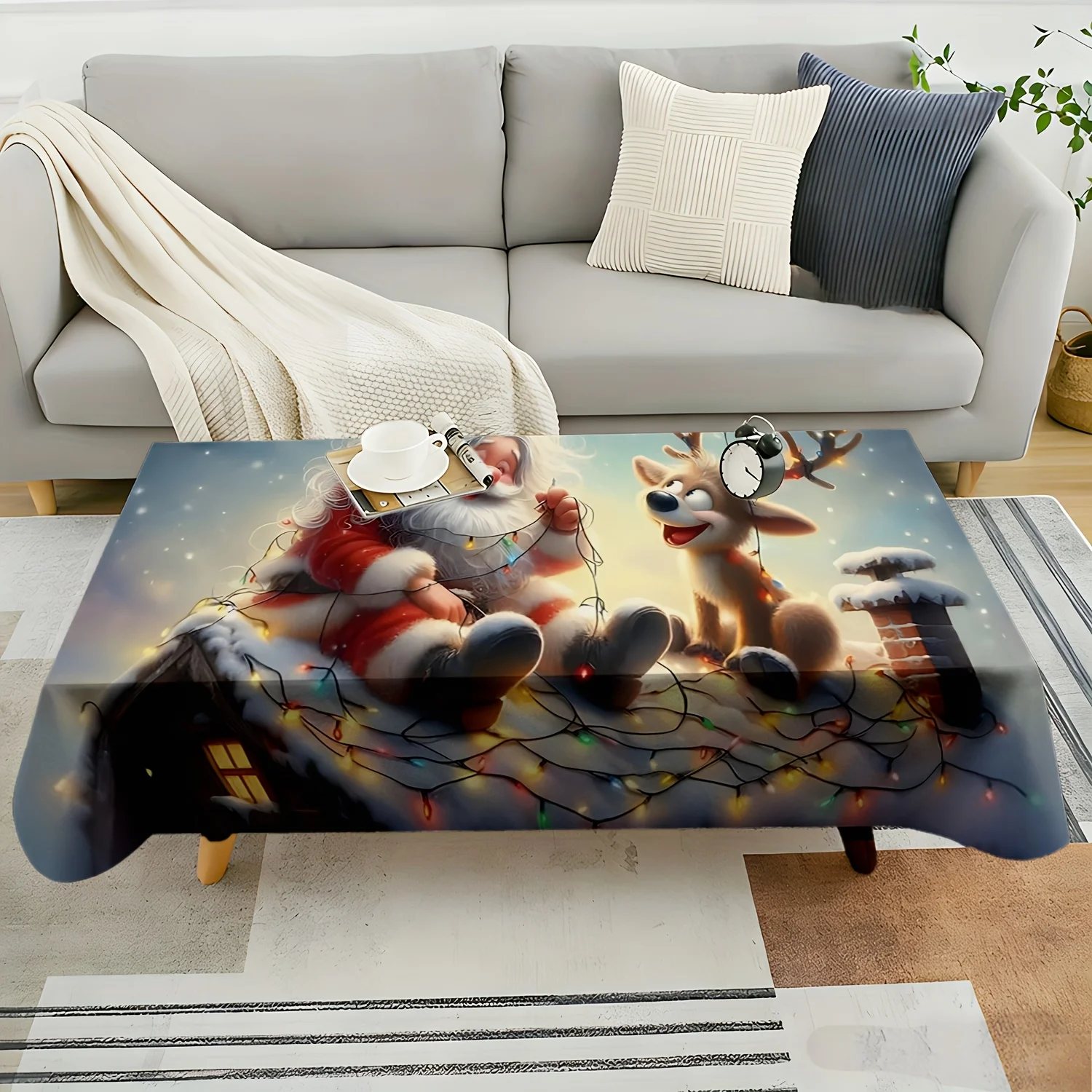 Cute Xmas Tablecloth, Santa Reindeer Roof Fairy Light Print Rectangular Washable Table Cover for Dining & Holiday Party Decor