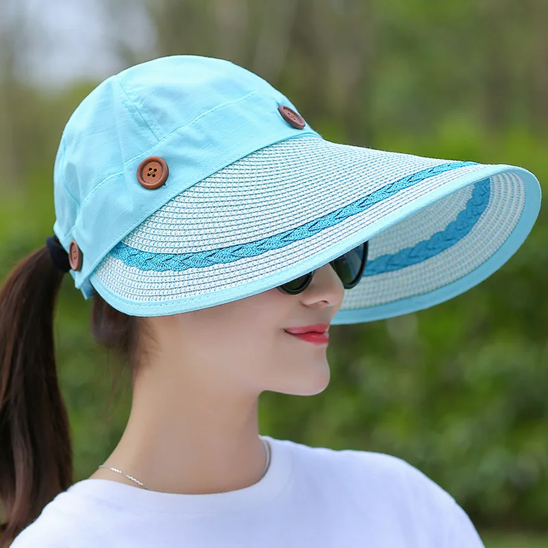 Hats Women Wide Large Brim Floppy Summer Beach Sun Hat Straw Hat Button Cap Summer Hats For Women Anti-uv Visor Cap Female