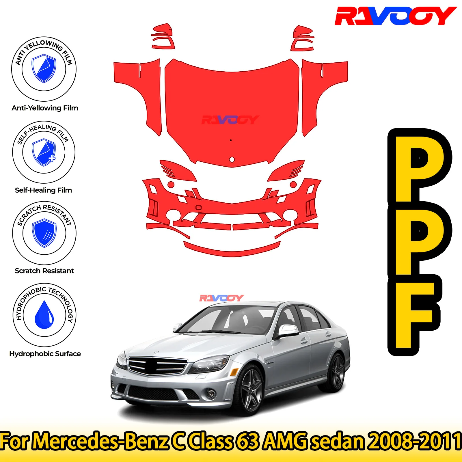 

For Mercedes-Benz C 63 AMG Sedan 2008-2011 Glossy Matte Black Precut front PPF Kit Paint Protection Film