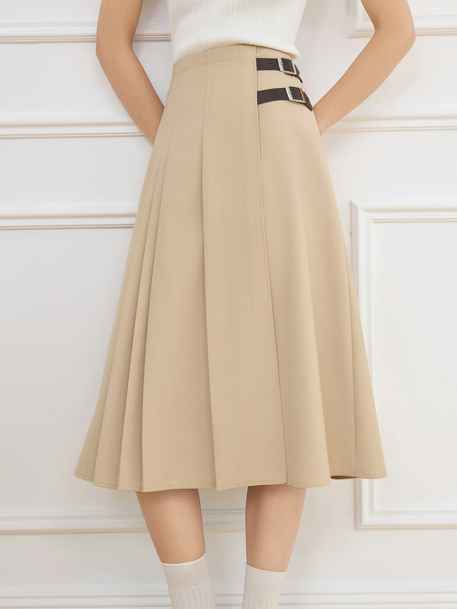 FSLE College Style A-line Solid Color Navy Blue Skirt For Female 2025 Spring New Design Elegant Chic Long khaki Skirt 25FS11201