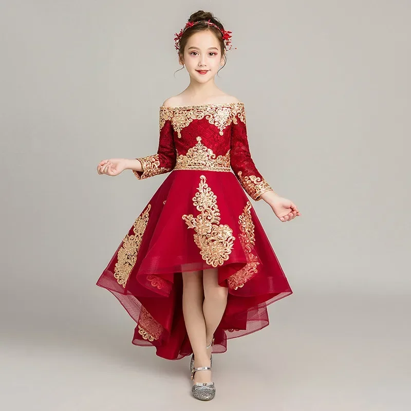 Fiori ragazze abiti pizzo bordeaux Appliques dorate scollo a barca cerniera posteriore maniche lunghe alta/bassa personalizzazione ragazza Ball Gown