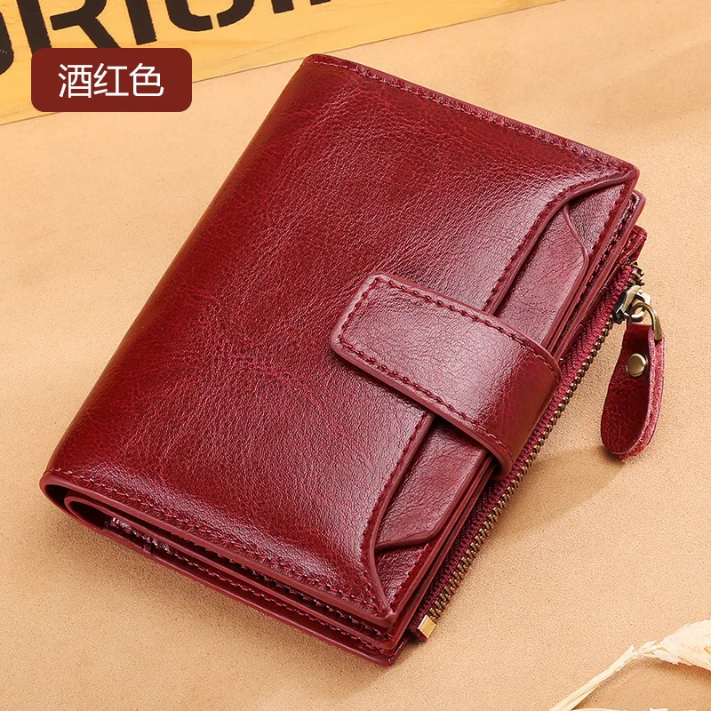 

High Quality Genuine Leather Women's Wallet Short Zipper Cowhide with Chain Cute Small Coin Purse Money Bag Card Holder Wallets