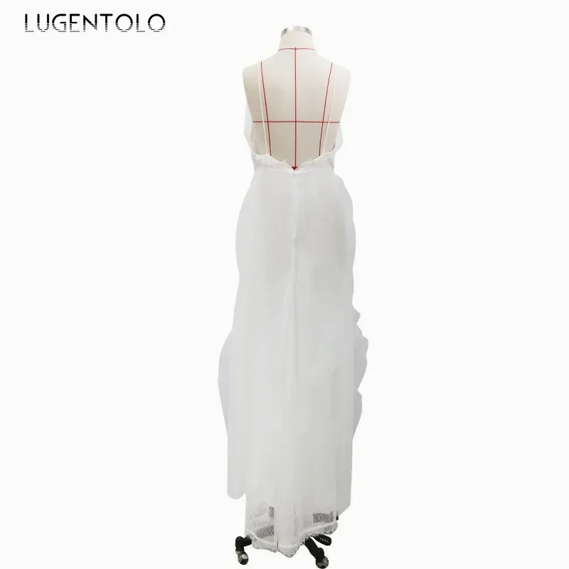 Party Sexy Dress Women Slim Lace Sleeveless Backeless Ladies White Elegant Mesh Big Swing Dinner Maxi Clothing