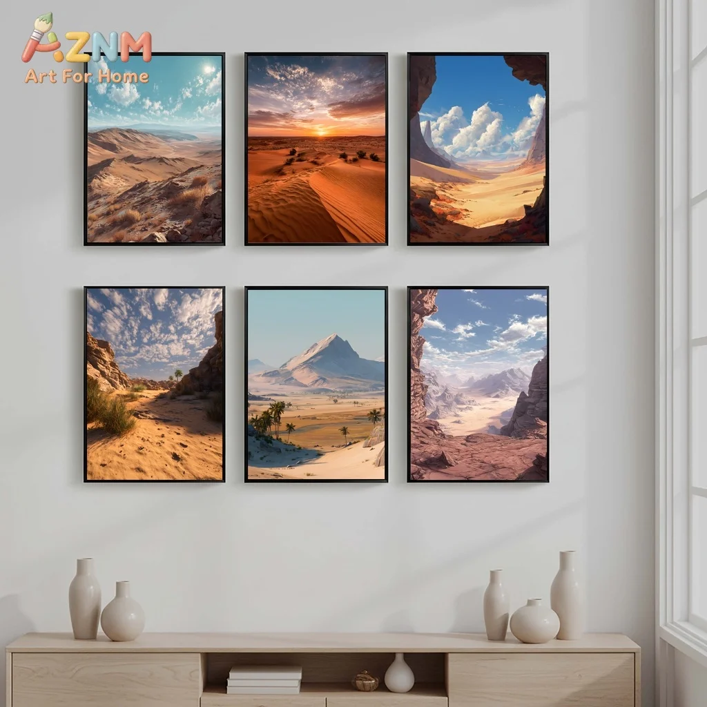 AZNM Desert Mountain Landscape Canvas Print Sunset Sand Dune Canyon Palm Tree Scenery Wall Poster Unframed Natural Living Room D