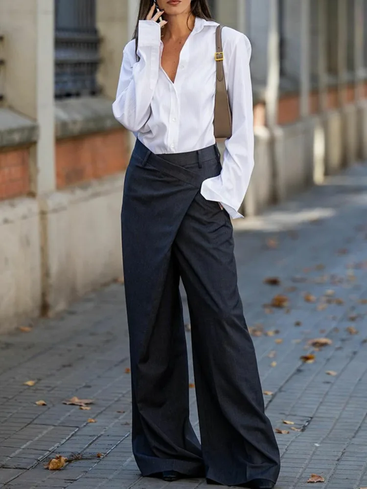 Bonboho Women\'s Solid Color Commuter Pants 2025 Summer New High Waist Asymmetric Wide Leg Trousers Casual Streetwear Pants