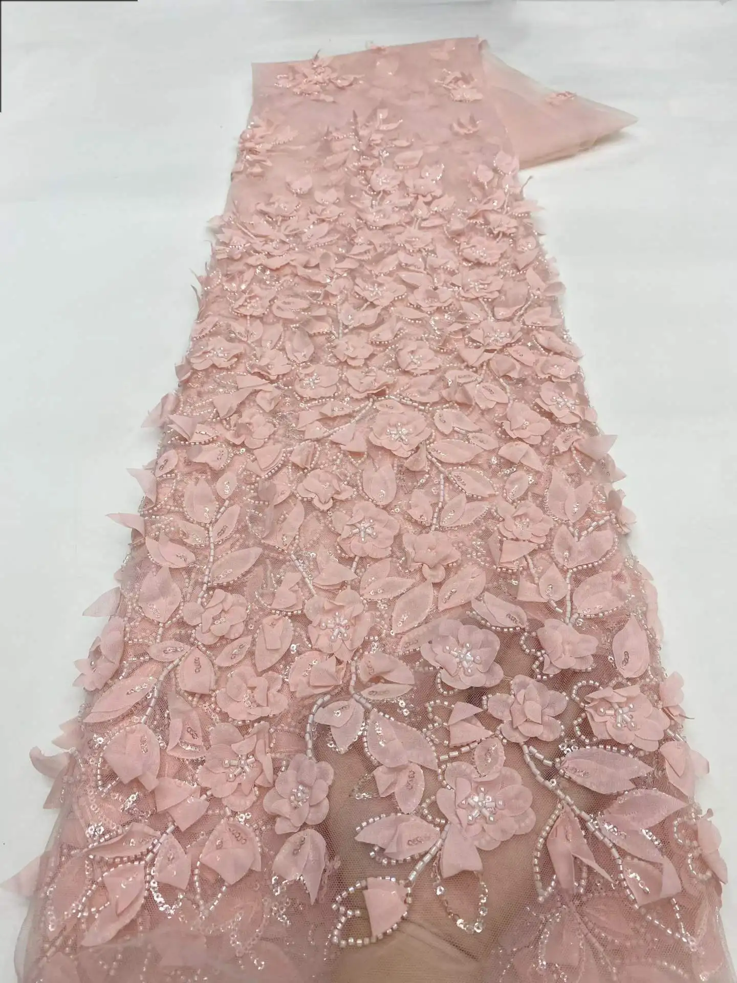 

2026 African 3D Flower Beads Lace Fabric High Quality French Nigerian Sequins Embroidery Tulle for Wedding Dress
