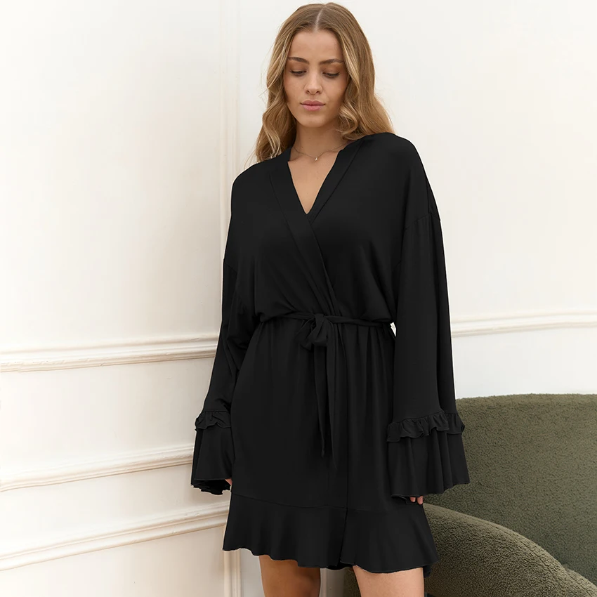 

Hiloc для отдыха, однотонная женская ночная рубашка с v-образным вырезом и оборками, длинными рукавами, элегантное весенне-осеннее вязаное короткое корсетное платье для сна 2025