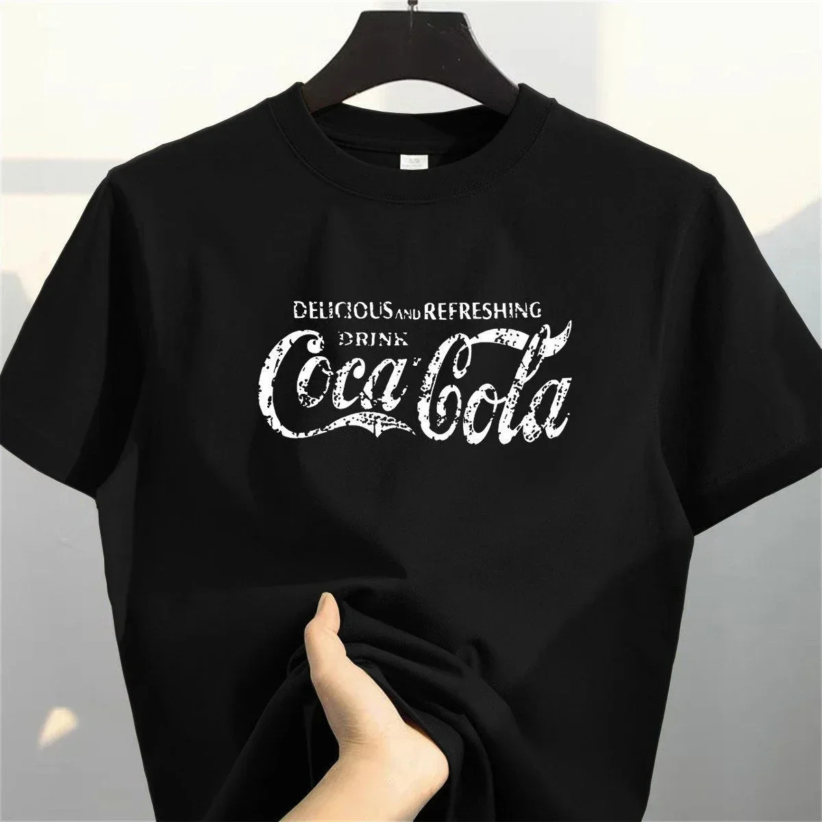 2026Style Fashionable Cola Letter Print Large-sized Loose Short-sleeved Cotton Men's and Women's Identical Casual Round-neck Top