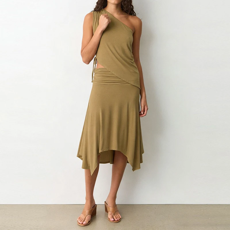 

Summer Irregular Solid Commute Outfits Elegant Lady Hollow Out Lace Up Set Fashion Slash Collar Sleeveless Slim Vest&Skirts Sets