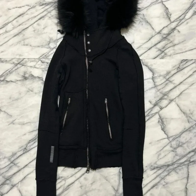 ญี่ปุ่นVINTAGE FUR Patchwork Hoodieเสื้อ 2025 All-Matchเสื้อสเวตเตอร์ถักสีดําผู้หญิงฤดูใบไม้ร่วงSlim Fitเสื้อแขนยาว