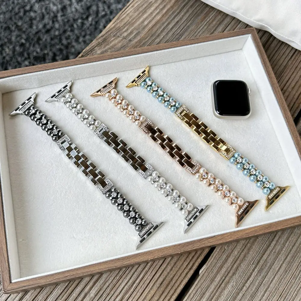 

Pearl Beaded Band for Apple Watch Bands Women 40 41 38 42 44 45 46 49mm Diamond Bling Jewelry Bracelet for iWatch S11 10 9 8 7 6