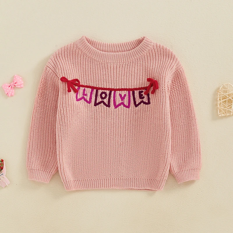 Baby Girl Valentine’s Day Sweaters Long Sleeve Banner Garland Embroidery Knit Pullovers Fall Winter Jumper Tops for 0-3 Years