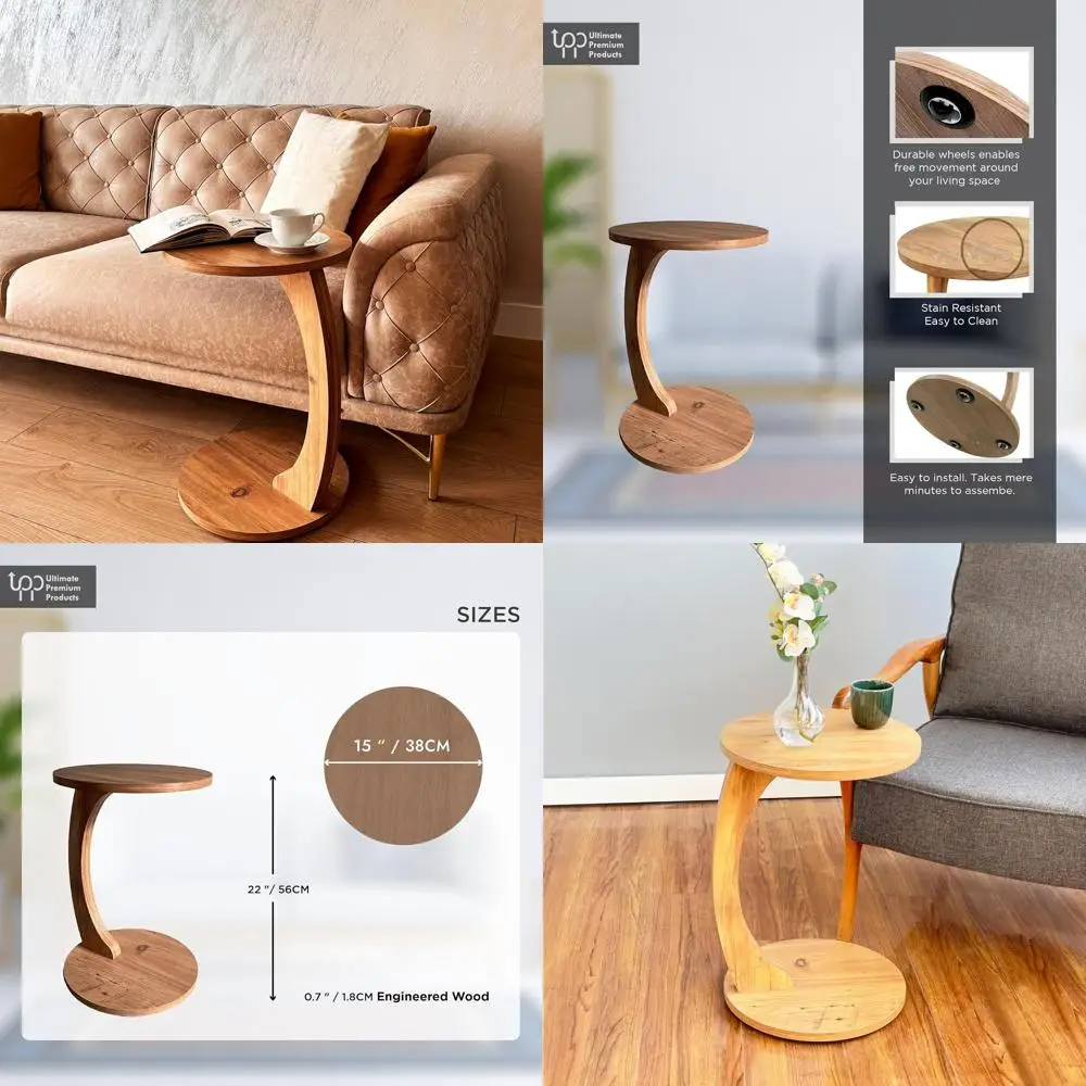 

C-Shaped Rolling End Table: Space-Efficient Side Table for Sofas, Living Rooms, and Small Spaces | Brown