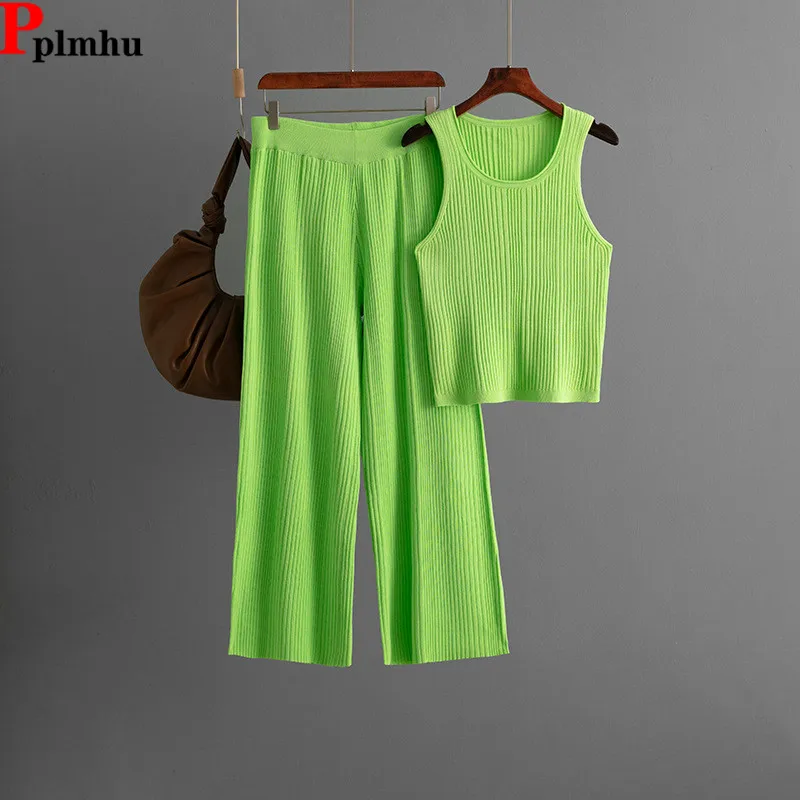 Conjuntos de 2 piezas de punto fino de verano para mujer, prendas de punto lisas sin mangas, chaleco corto, Tops, Conjuntos, pantalones rectos de cintura alta, traje nuevo