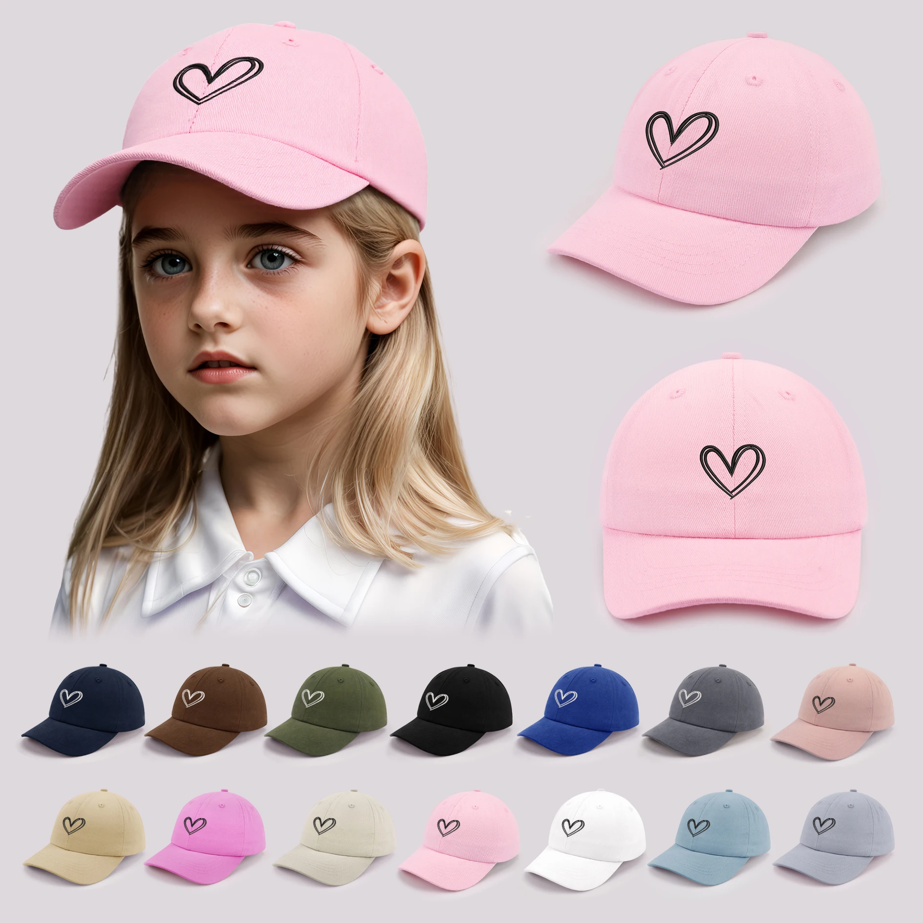 Cartoon Heart-Shaped Baby Baseball Cap Cute Solid Color Toddler Sun Hat with Ears Summer Adjustable Kids Boy Girl Peaked Cap