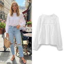 Willshela Women Fashion Embroidery White Hollow Out Blouse Vintage O-Neck Long Sleeves Female Chic Lady Shirts
