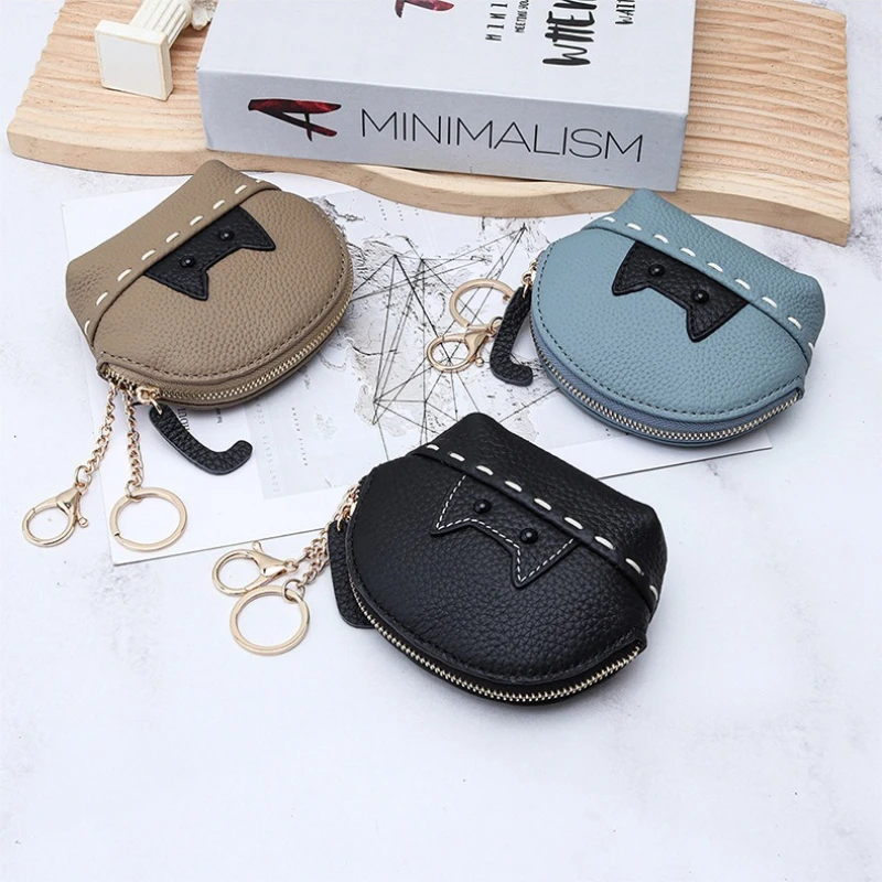 

Женские кошельки для монет с милым котом, чехлы для кредитных карт на молнии, маленький кошелек из натуральной кожи, держатель для ключей, сумка для мелочи с подвесной пряжкой