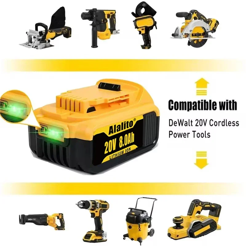 DCB200เดิมแบตเตอรี่ลิเธียมสำรองขนาด20V 8000mAh สำหรับ DeWalt 18V DCB184 DCB182 DCB200 DCB180 DCB181 DCB182 DCB206 DCB201