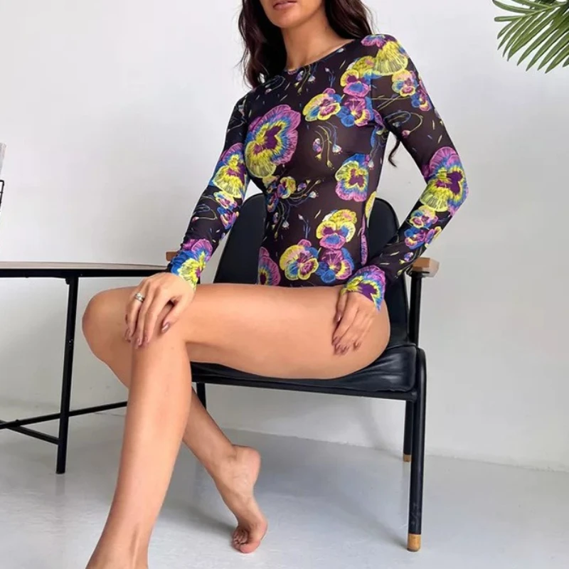 One Piece Printed Swimsuit Women Long Sleeved High Waist Swimsuits Mesh Sun Protection Swimwear Beach Wear