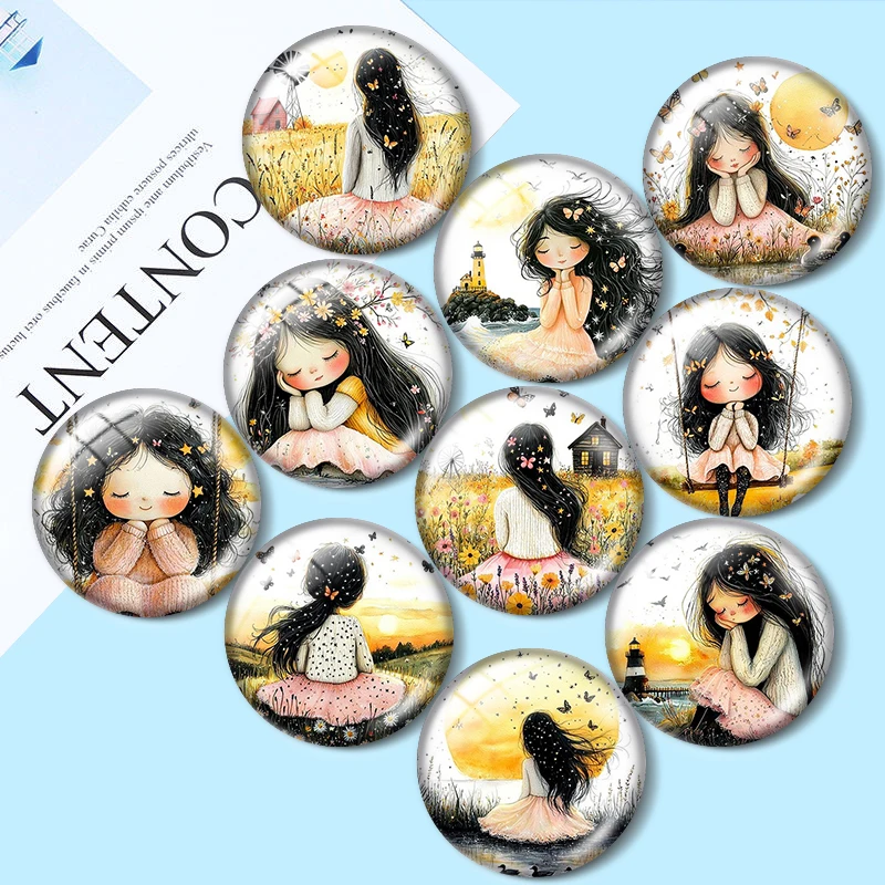 

Whimsical Spring Girl 10pcs 12mm/16mm/18mm/30mm Round Photo Glass Cabochon 25mm Demo Flat Back Making findings