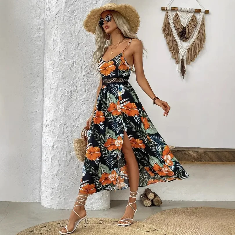 2025 Dress Women Elegant Fashion Beautiful Women's Dresses Party Bohemian Printed Suspender V-Neck Lace Stitching Slit Dress