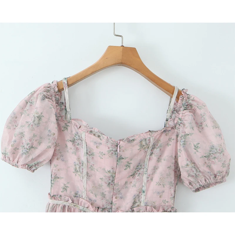 YENKYE Vintage Bloemenprint Boho Jurk Vrouwen Vintage Bladerdeeg Mouw Sjerpen A-lijn Midi Vakantie Zomer Jurken Party Gewaad
