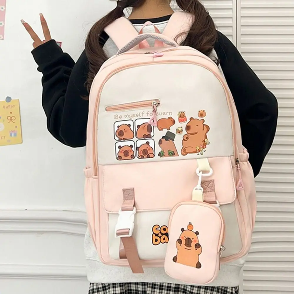 Mochila escolar de nylon de desenho animado capivara, mochila de grande capacidade à prova d'água para aliviar a carga, estudantes