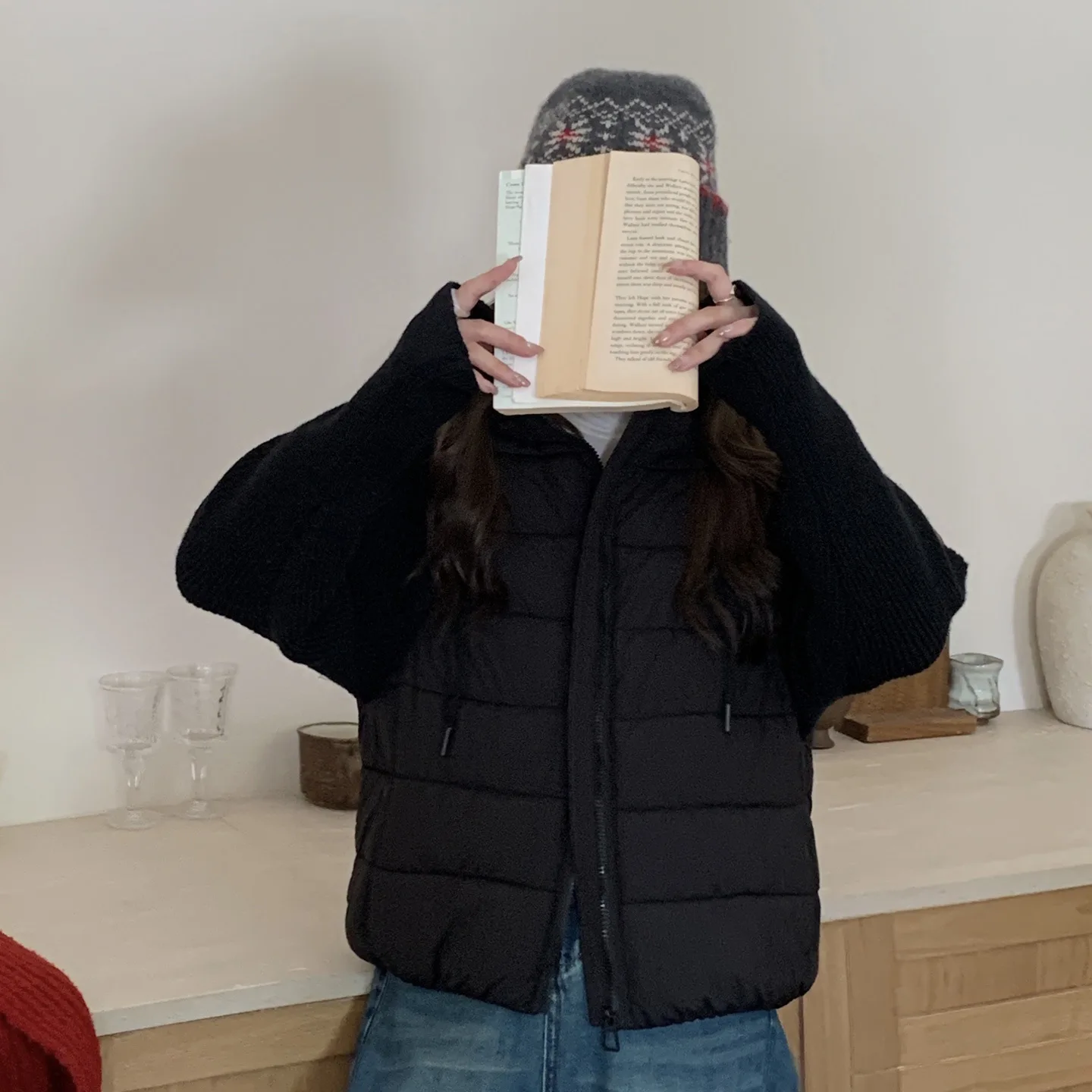 Women Knitted Spliced Parkas Coats Hooded Short Jacket Solid Zip Long Sleeve Straight Thin Office Lady Casual 2025 Autumn Winter