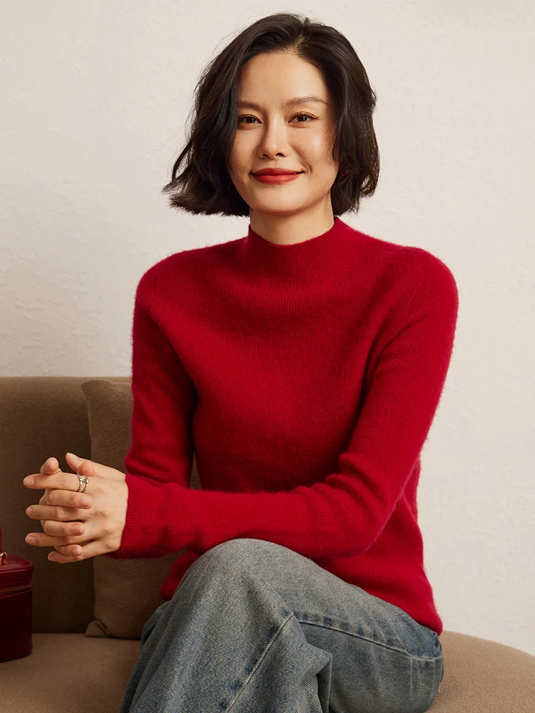 Damski sweter kaszmirowy 100% z golfem, długi rękaw, dopasowany, prosty, podstawowy, dzianina kaszmirowa, jesień-zima, miękki, ciepły, 2025