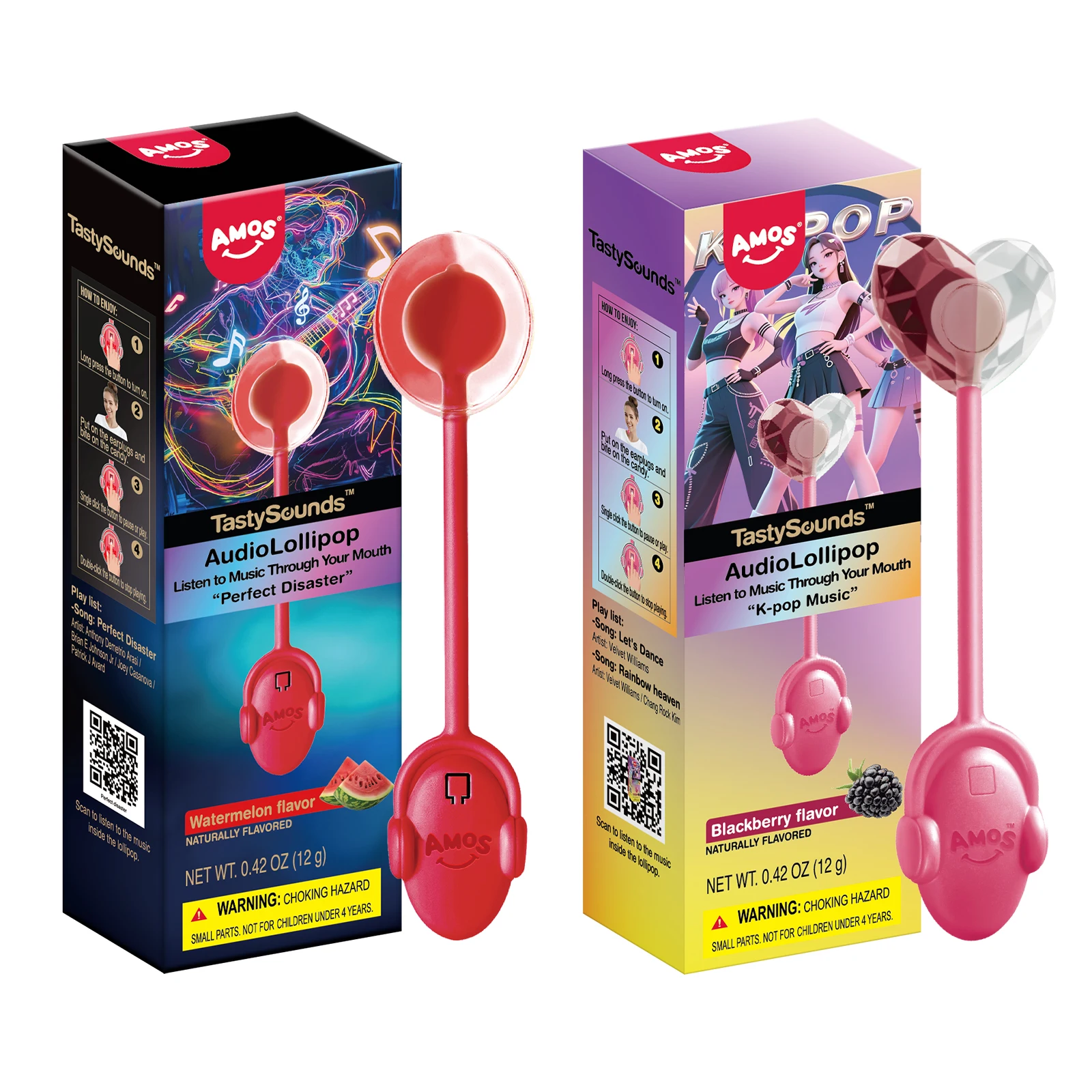 Amos TastySounds Audio Singing Smart Lollipop Gift Watermelo&Blackberry Flavor Bone Conduction Music Lollipop Candy