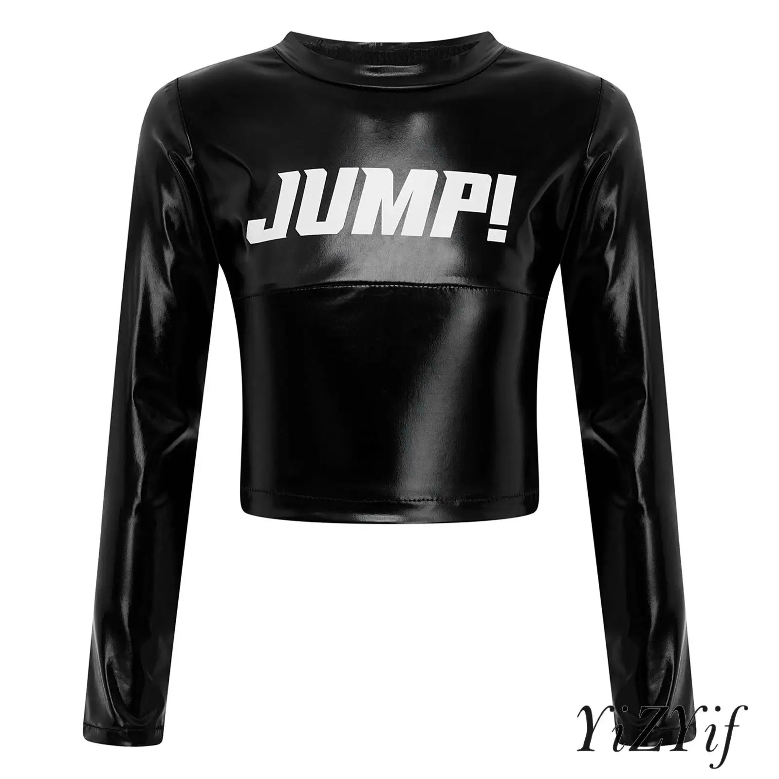 

Kids Girls Long Sleeve Letter Print Metallic Hiphop Jazz Dance Crop Top Fashion Blouse for Street Dance Stage Show Dancewear