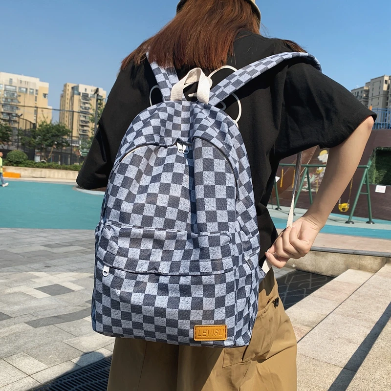 2021 Unisex Jean Plaid Laptop Backpack Travel Denim Daily Backpack High Capacity Casual Shoulders Bag Korean Style Schoolbags