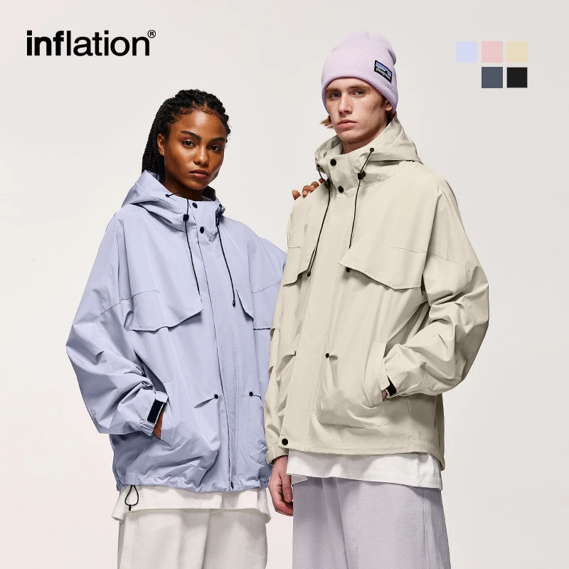 INFLATION Outdoor Windproof Softshell Jacket Men Mountain Cargo Jacket Unisex High Collar Zip Up Hooded Coat