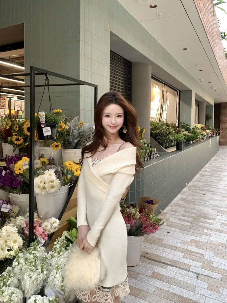 Manhattan Wcouture Original Autumn Winter Wool Knitted Dr Slim Fit Waist Cinched Large V Ne Cross Design Women's Dr