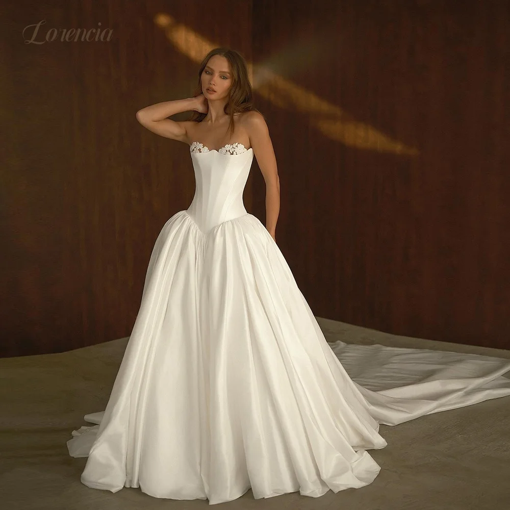 Lorencia Modern Satin Wedding Dresses Strapless Basque A-Line Bridal Gowns with Long Train Customized Minimalist Bride Dresses