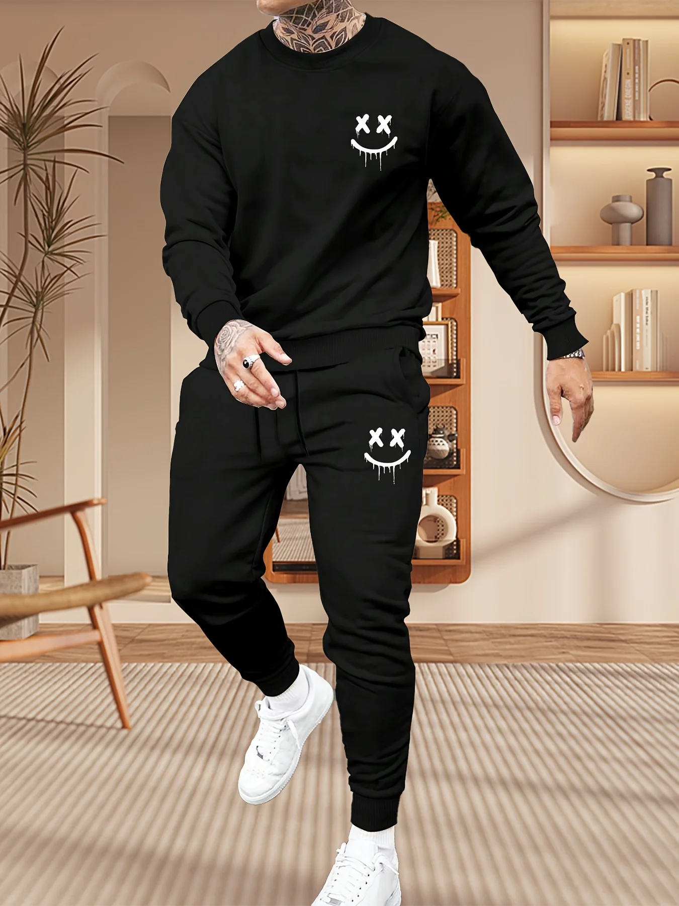 

Men's Smiley Face Graphic Tracksuit –Crewneck Sweatshirt & JoggersY2K Aesthetic Trendy Street Style for Nightlife Casual Wear