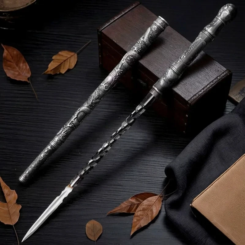 Dragon Pattern Coiled Spear Mace Manganese Steel Blade Embossed Alloy Scabbard Extendable Free Sword Stand Martial Arts